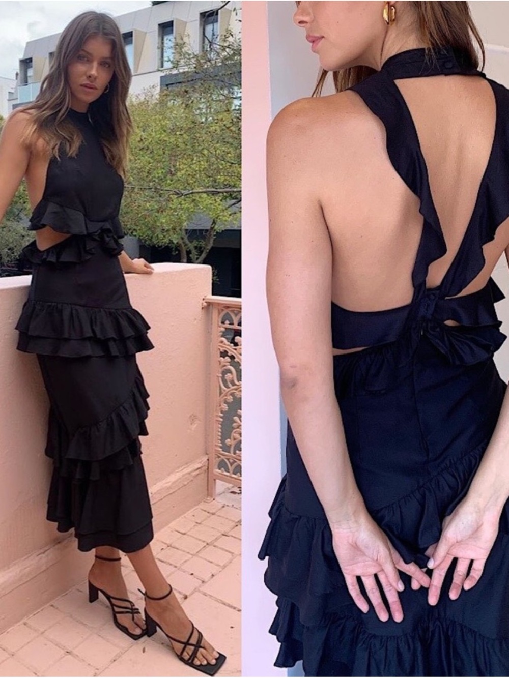 Sir. The Label Dress Aramis Ruffle Neck Maxi Gown Cutout in Black